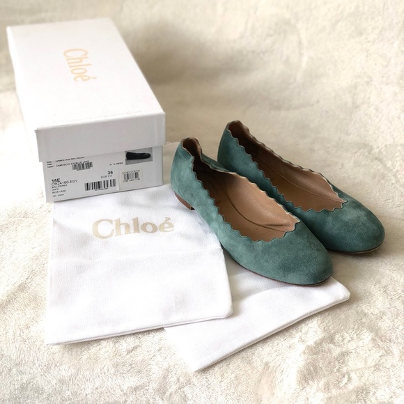 Chloe Shoes - Chloe Blue Lake Suede Scalloped Ballerina Flats